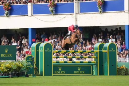 A horse jumping over a hurdle at a Dublin Horse Show
