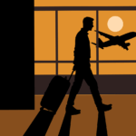 Silhouette of a business traveler walking through an airport terminal with luggage as an airplane takes off at sunset, symbolising business aviation growth 2025 and rising corporate travel demand.