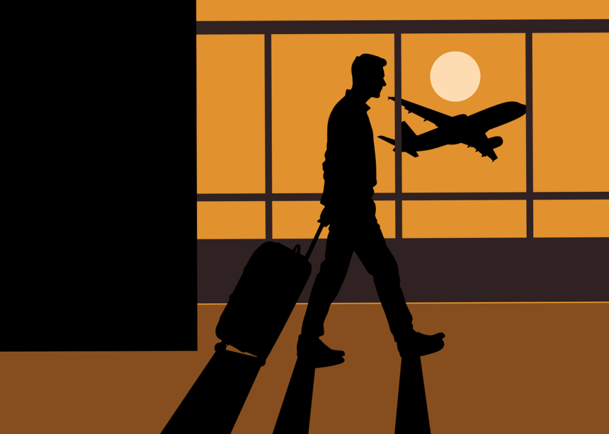 Silhouette of a business traveler walking through an airport terminal with luggage as an airplane takes off at sunset, symbolising business aviation growth 2025 and rising corporate travel demand.