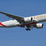 Emirates A350 flight flying in the sky