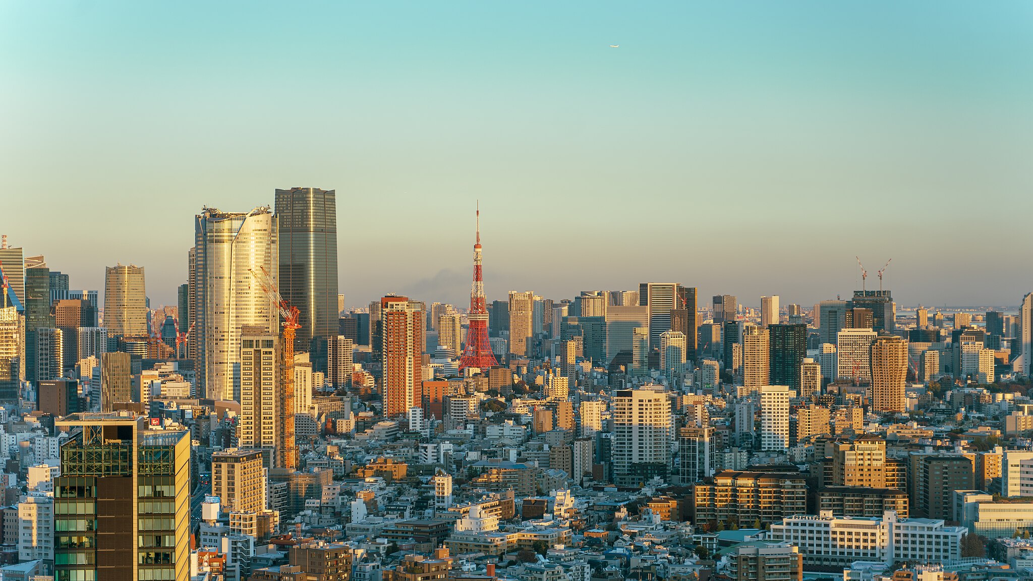 The skyline of Tokyo at dawn. There are many high rise buildings with the red and white Tokyo Skytree tower in the middle.