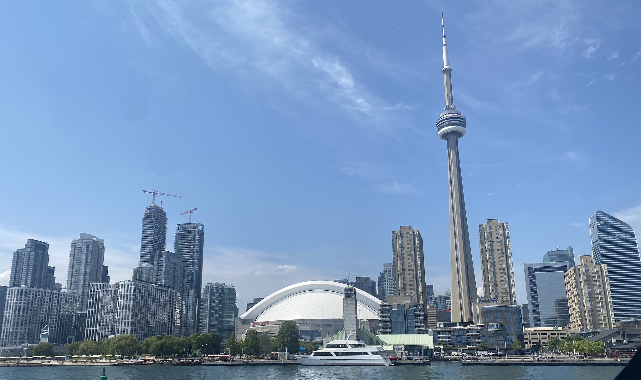 A view of the Toronto skyline from the harbour, with the CN Tower in front of many high rise buildings.