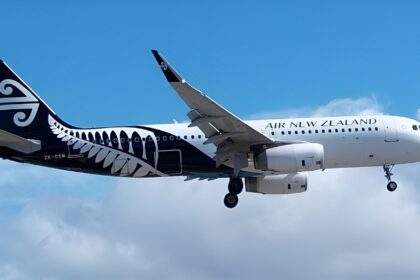 A black and white Air New Zealand plane with a livery containing a fern comes in for landing.