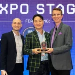 A picture of Ryan Ghee, Chief Operating Officer, Future Travel Experience; Kenneth Chang, Executive Vice President and Chief Marketing Officer, Korean Air; and Dr Joe Leader, Group CEO, APEX/IFSA/FTE at the FTE APAC Pioneer Awards 2025 ceremony in Singapore