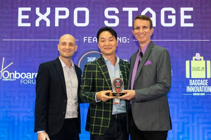 A picture of Ryan Ghee, Chief Operating Officer, Future Travel Experience; Kenneth Chang, Executive Vice President and Chief Marketing Officer, Korean Air; and Dr Joe Leader, Group CEO, APEX/IFSA/FTE at the FTE APAC Pioneer Awards 2025 ceremony in Singapore