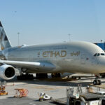 An Etihad A380 aircraft waiting on the tarmac.