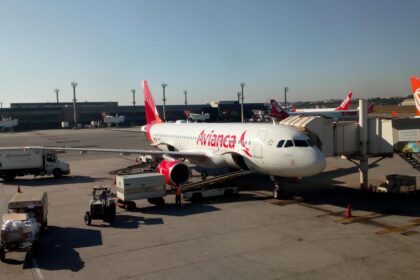 An A320 Avianca airbus stationary at an airport.