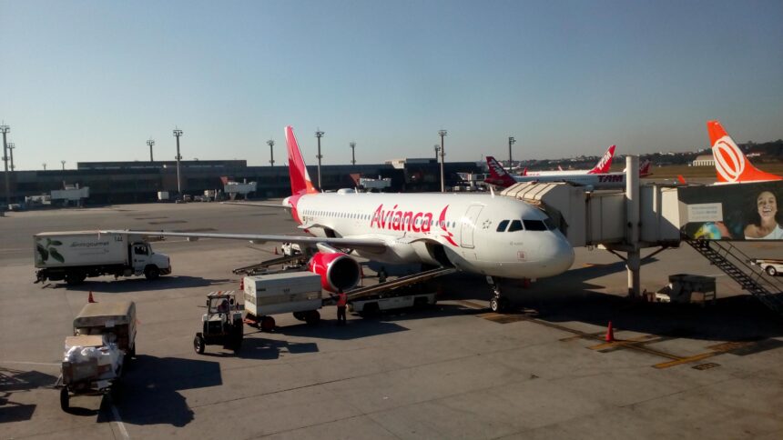 An A320 Avianca airbus stationary at an airport.