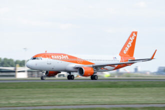 An easyJet plane coming in for landing.