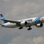 An EgyptAir Boeing 777-36N/ER approaches Suvarnabhumi International Airport