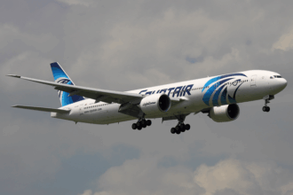 An EgyptAir Boeing 777-36N/ER approaches Suvarnabhumi International Airport
