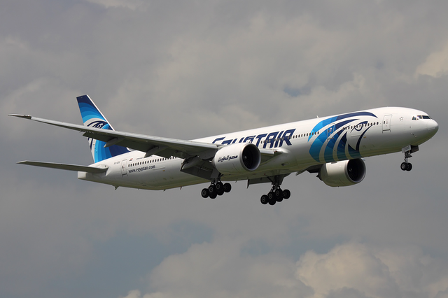 An EgyptAir Boeing 777-36N/ER approaches Suvarnabhumi International Airport