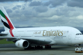 Emirates Airbus A380 at Glasgow Airport