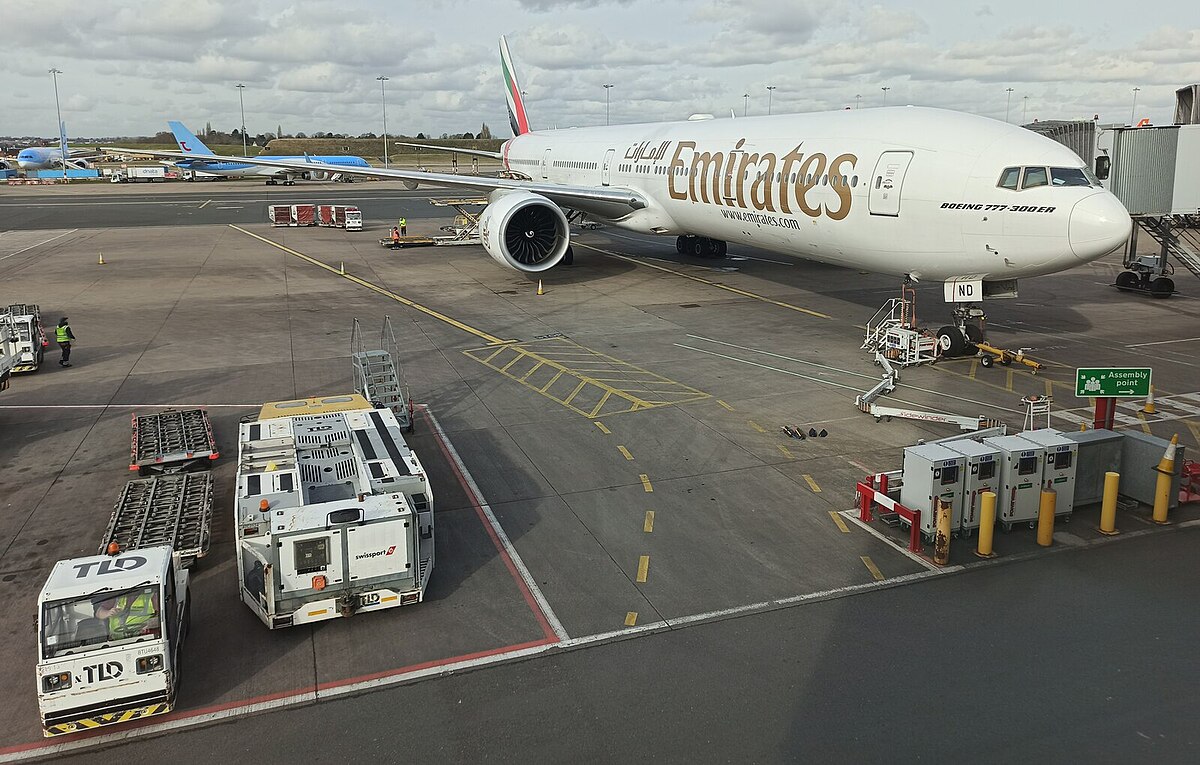 Emirates aircraft docked at Birmingham Airport