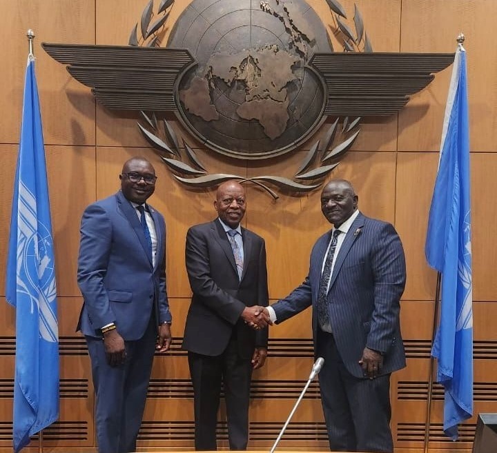 Uganda’s delegation poses at ICAO headquarters as Hon. Katumba Wamala congratulates Kabbs Tijuke on his designation to the Uganda ICAO Council 2025, reflecting progress in Uganda aviation and recent Uganda international air service agreements 2025.