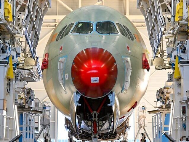 Front facing image of Qantas new Airbus A350-1000ULR in the assembly line