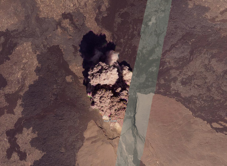 Satellite image of the beginning of Hayli Gubbi's eruption this morning