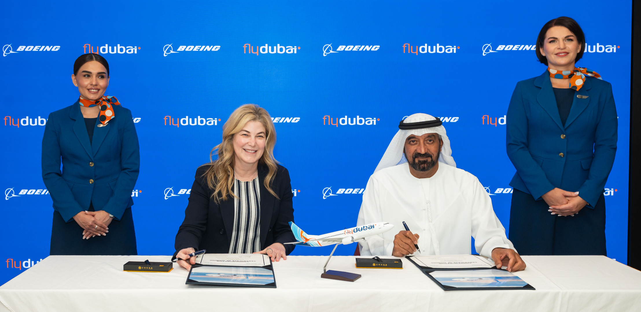 A photo of the CEO of Boeing, Stephanie Pope, and His Highness Sheikh Ahmed bin Saeed Al Maktoum, at the signing ceremony at the Dubai Airshow 2025