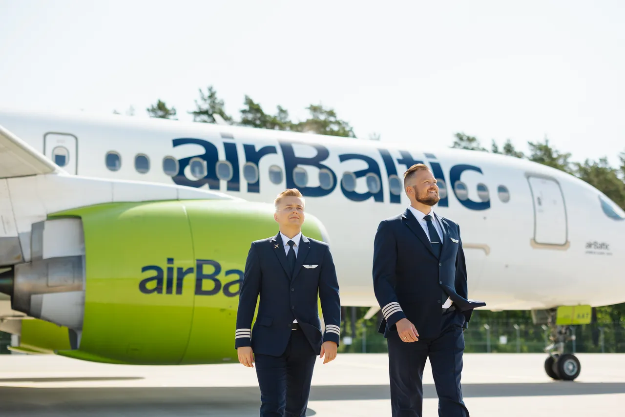 A picture of two pilots walking away from an airBaltic aircraft