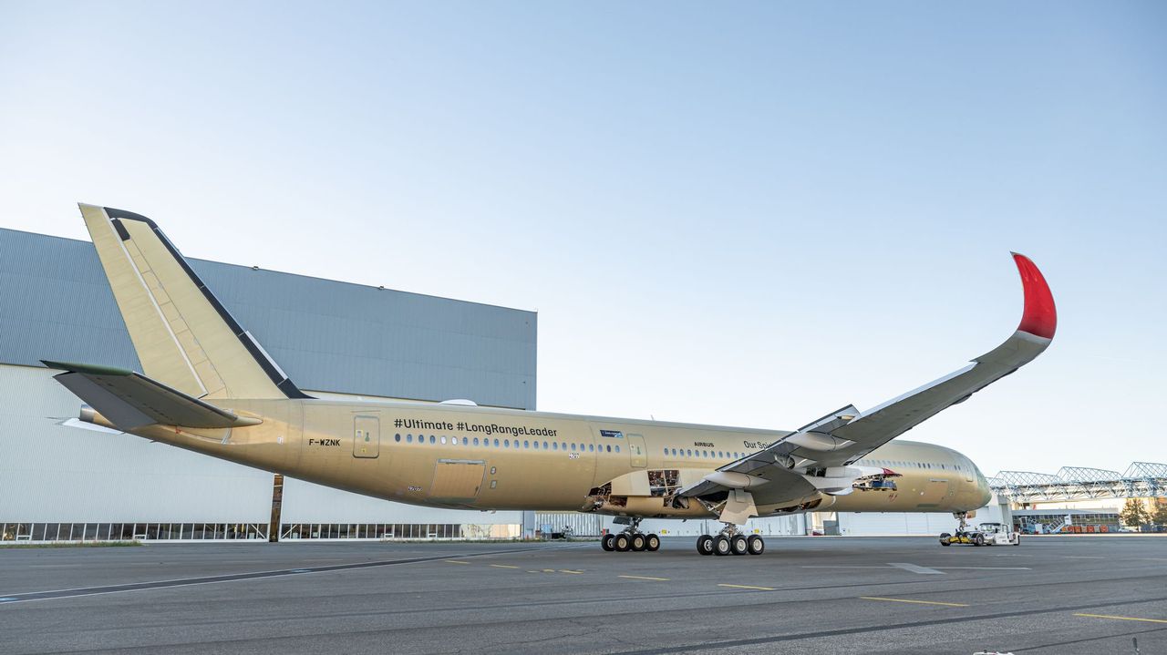 A picture of the Qantas A350-1000ULR, with no engines, rolling out of Airbus assembly line in Toulouse