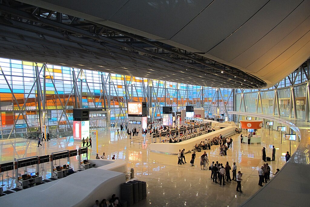 Wide angle image of an airport check-in area 