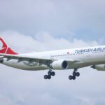 A Turkish Airlines plane coming in for landing.