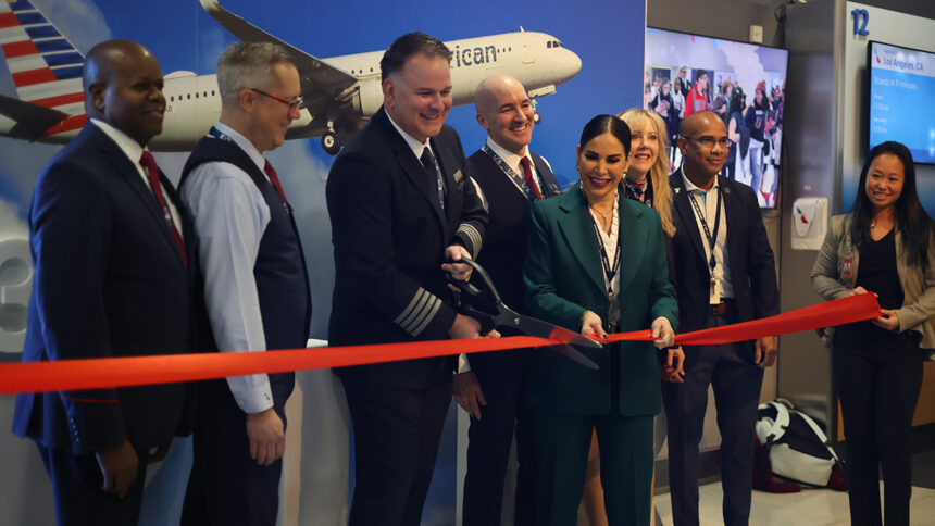 Captain Josh Hall, Managing Director of JFK Sylvia Rodriguez and the flight crew of Flight 3 cut the ceremonial ribbon to start boarding the inaugural flight of the Airbus A321XLR.
