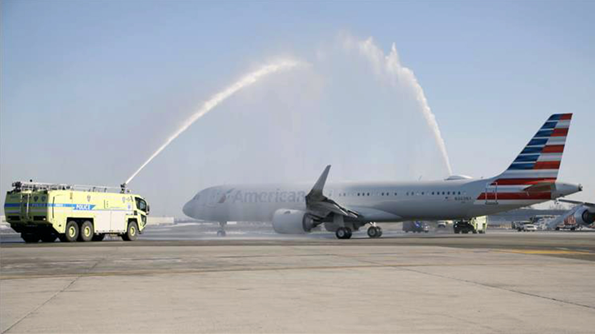 American's inaugural A321XLR flight from JFK to LAX received a water cannon salute upon departure