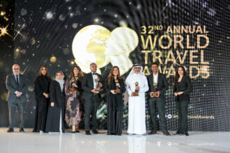 Dignitaries of Emirates showing the awards won by Emirates in the 32nd World Travel Awards in Bahrain