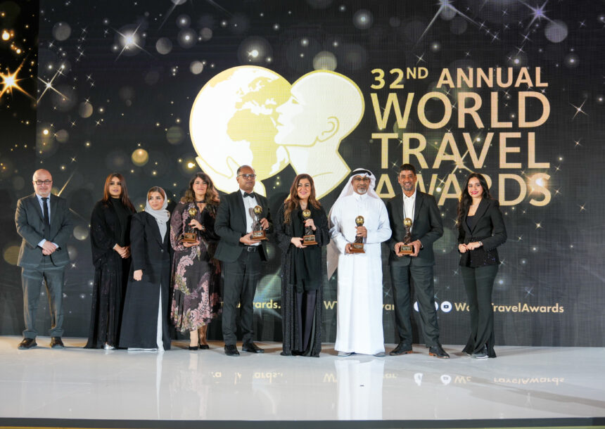 Dignitaries of Emirates showing the awards won by Emirates in the 32nd World Travel Awards in Bahrain