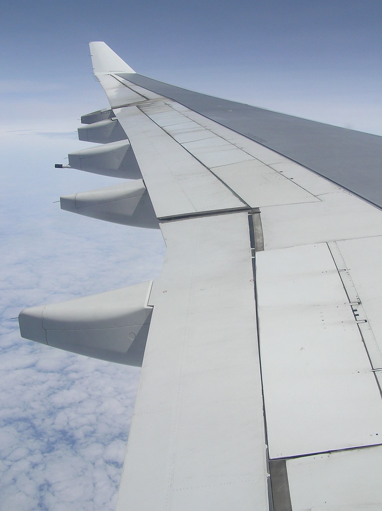 A cabin-side view of a plane wing.