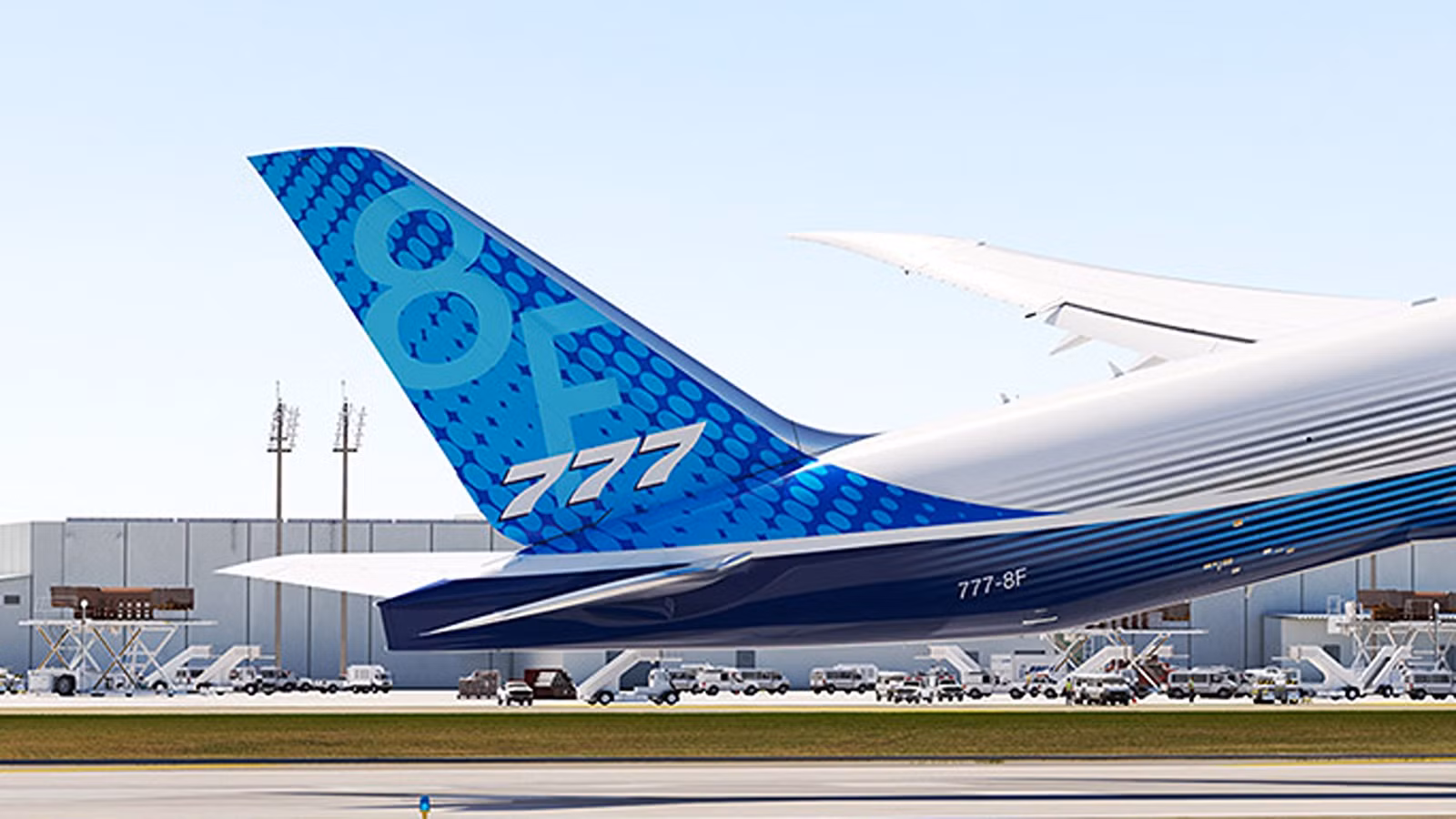A photo of the tail of a Boeing 777-8F aircraft