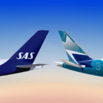 A promotional image of the codeshare partnership between SAS and WestJet