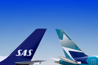 A promotional image of the codeshare partnership between SAS and WestJet