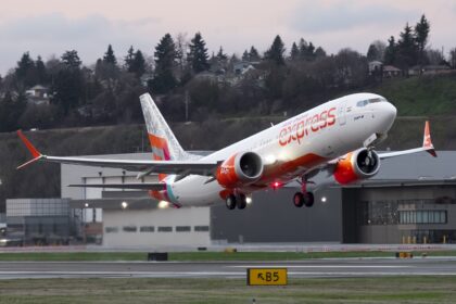 A Boeing 737-MAX 8 with Air India Express's logo taking off from Seattle.