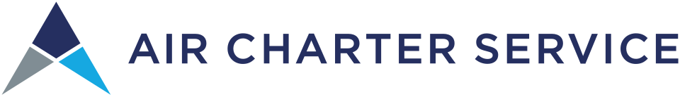 Air Charter Service logo. 3 triangles in different colours (grey, sky blue and navy blue) combined to make make one upward pointing arrow.