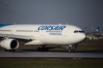 Corsair Airbus A330-343 lining up on runway at Paris-Ory airport