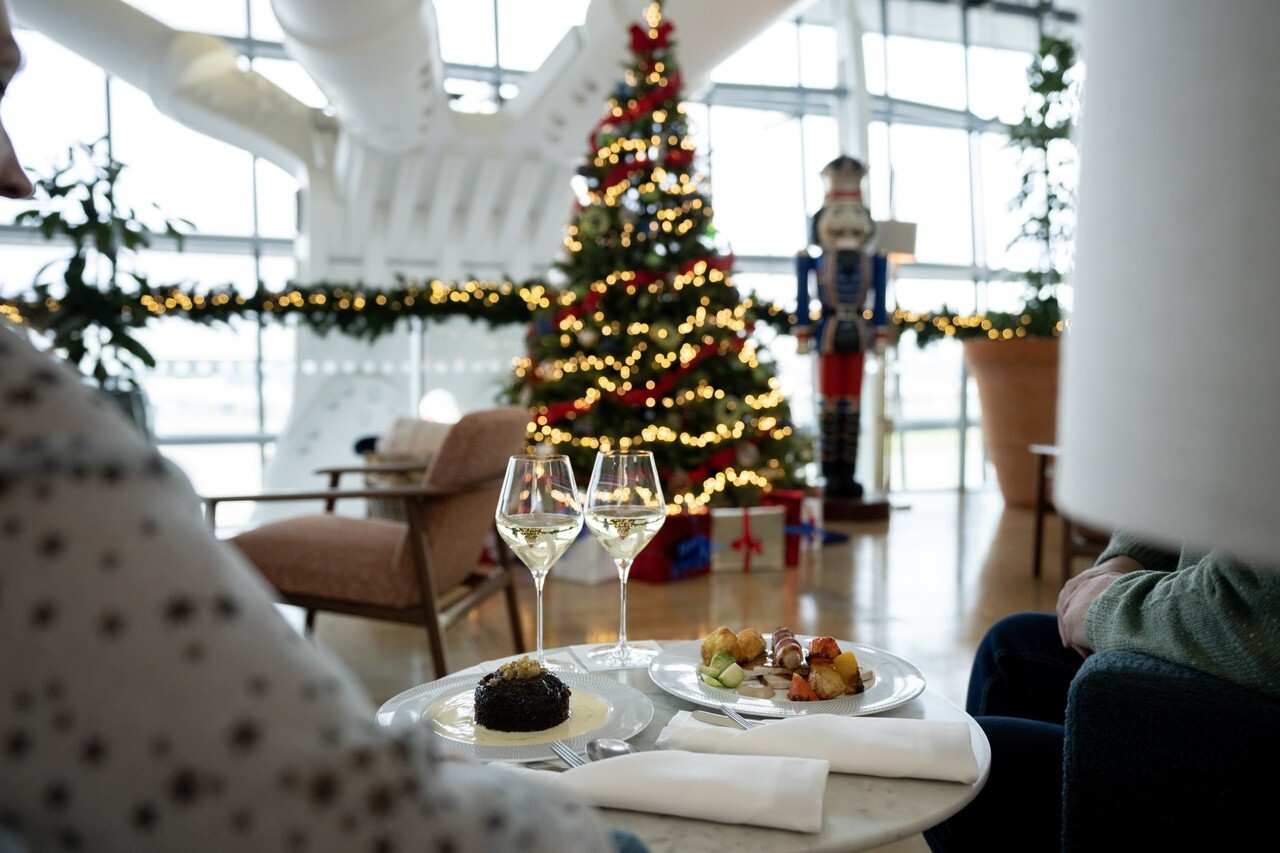Christmas food and drink offering in the Concord Room at Terminal 5 in London Heathrow Airport.