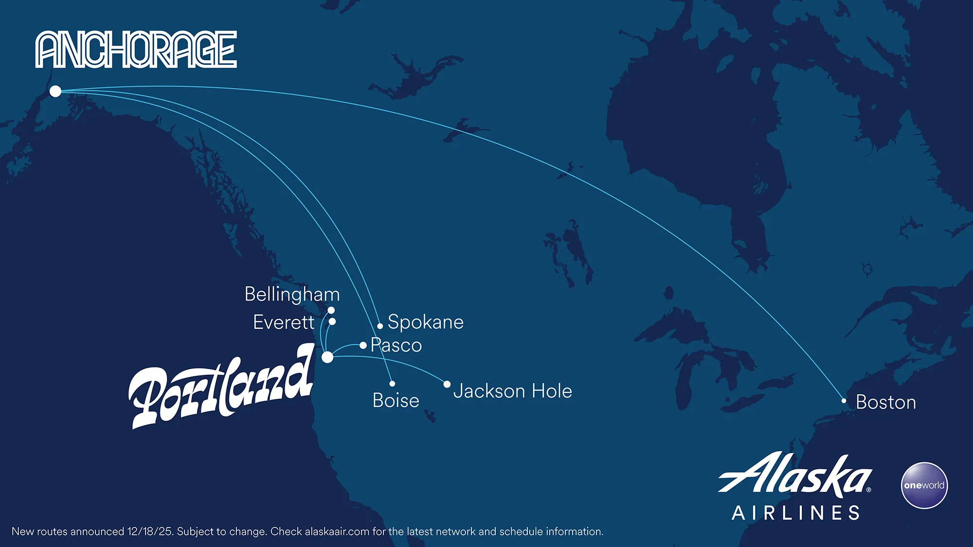 A blue map with the new connections from Anchorage and Portland outlined in white.