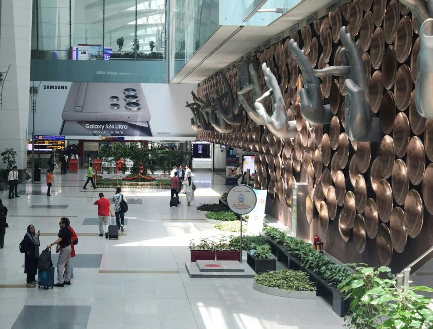 The interior of Indira Gandhi International Airport in Delhi, showing the iconic "Mudra" hand sculptures mounted on a wall of copper-colored discs. The terminal is bright and spacious with travelers walking through the concourse. A large advertisement for the Samsung Galaxy S24 Ultra is visible in the background.