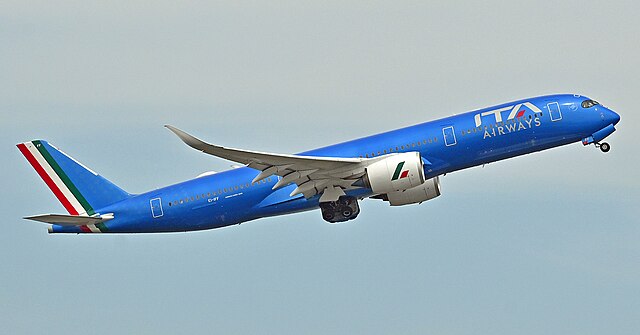 ITA Airways A350 in flight with it's distinctive blue body livery with the red, white and green of the Italian flag on its tain.