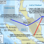 A map titled "Malaysia Airlines Flight 370 Initial Search areas — March 8-16." It shows Southeast Asia with color-coded lines representing the planned route (dashed red), the actual route from secondary radar (solid red), and the actual route from military radar (solid blue). Shaded grey boxes indicate various search areas in the South China Sea, Strait of Malacca, and Andaman Sea.