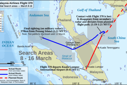 A map titled "Malaysia Airlines Flight 370 Initial Search areas — March 8-16." It shows Southeast Asia with color-coded lines representing the planned route (dashed red), the actual route from secondary radar (solid red), and the actual route from military radar (solid blue). Shaded grey boxes indicate various search areas in the South China Sea, Strait of Malacca, and Andaman Sea.