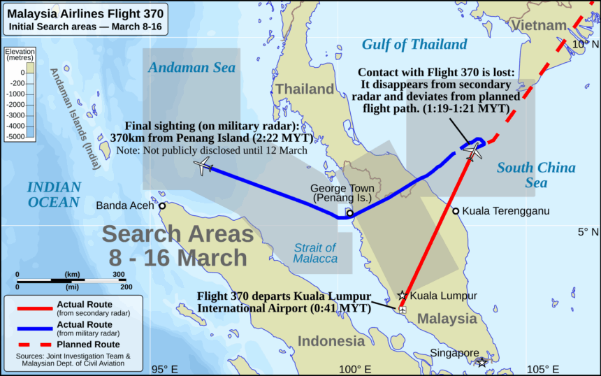 A map titled "Malaysia Airlines Flight 370 Initial Search areas — March 8-16." It shows Southeast Asia with color-coded lines representing the planned route (dashed red), the actual route from secondary radar (solid red), and the actual route from military radar (solid blue). Shaded grey boxes indicate various search areas in the South China Sea, Strait of Malacca, and Andaman Sea.
