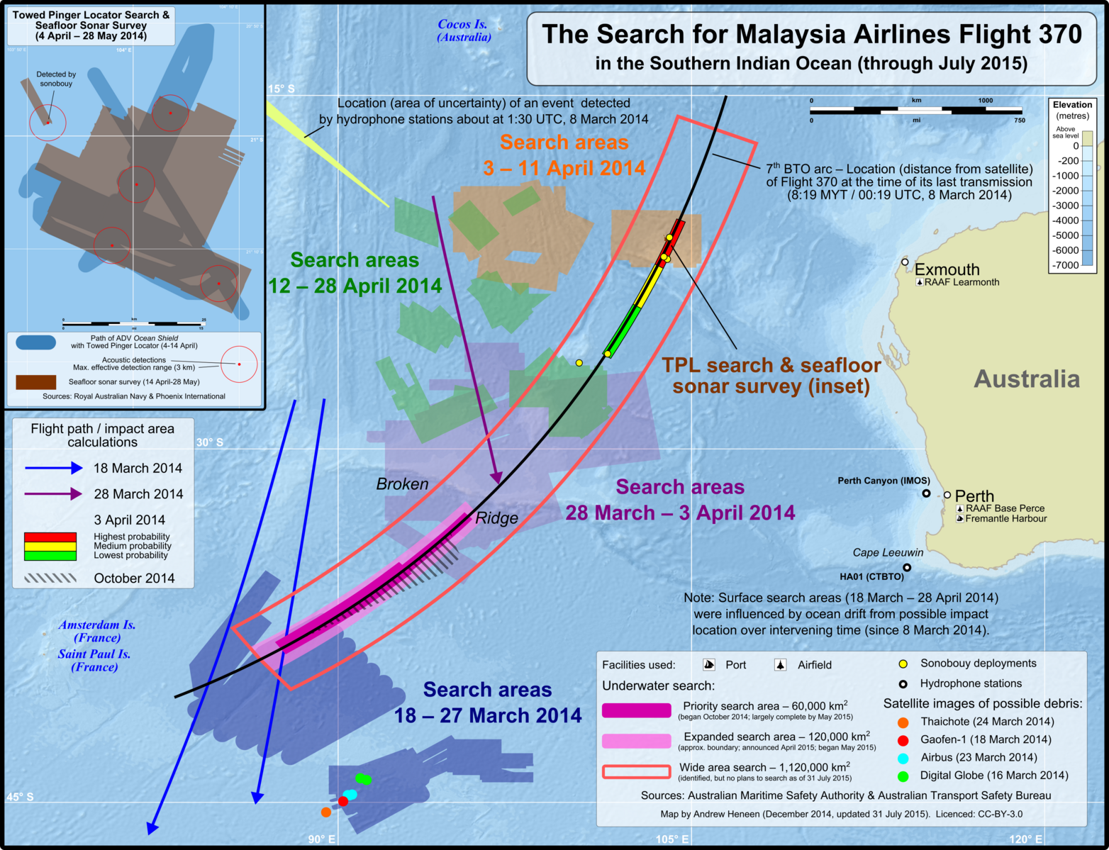 A complex map of the Southern Indian Ocean showing search areas for MH370 through July 2015. It highlights various search zones labeled by date ranges, including a pink 