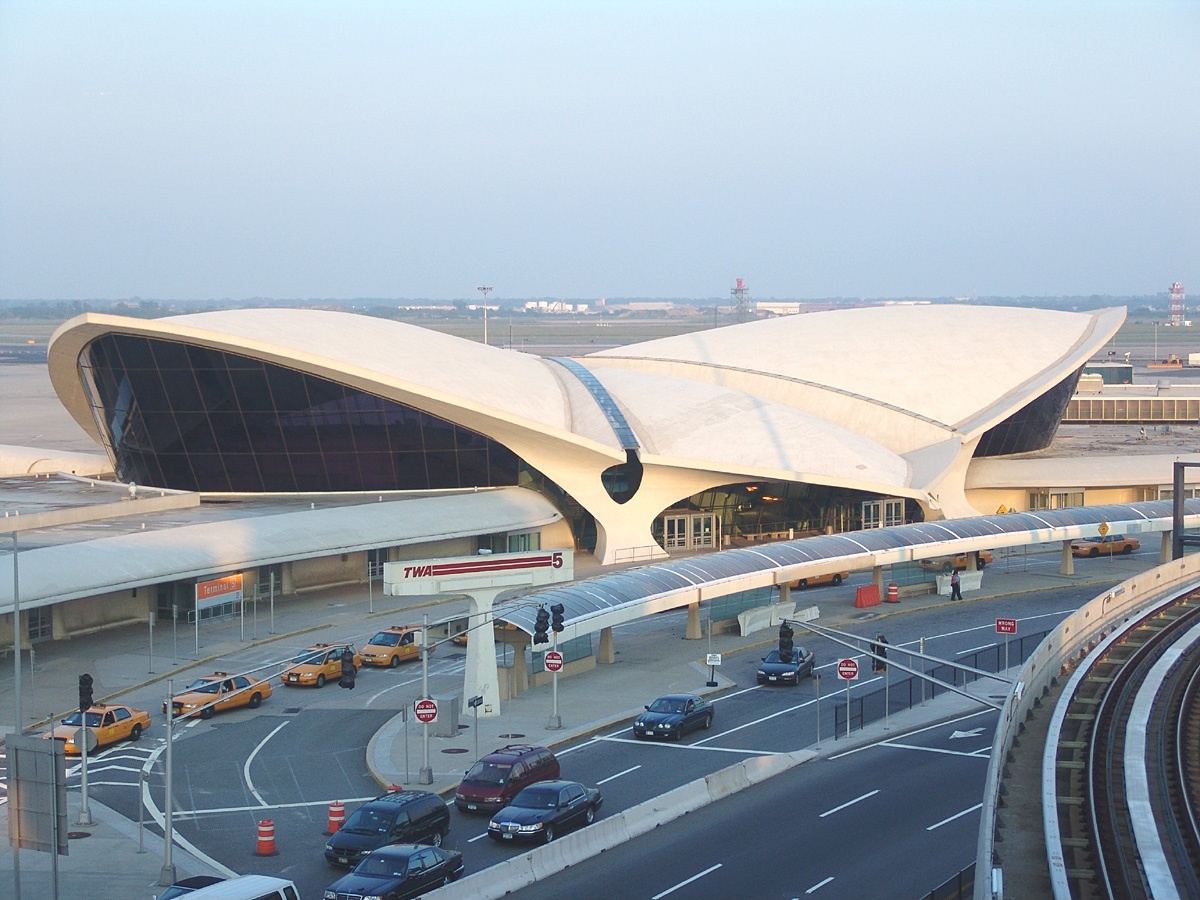 The TWA Flight Center building (Expressionist style concrete shell structure) at John F. Kennedy International Airport.