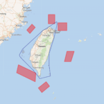 Map of Taiwan showing China's military drills around Taiwan airspace disruption, with PLA-designated danger zones restricting commercial aviation within the Taipei Flight Information Region (FIR).