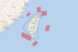 Map of Taiwan showing China's military drills around Taiwan airspace disruption, with PLA-designated danger zones restricting commercial aviation within the Taipei Flight Information Region (FIR).