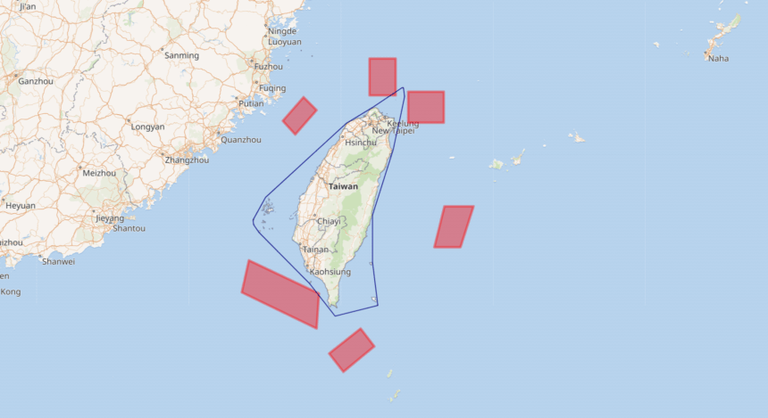 Map of Taiwan showing China's military drills around Taiwan airspace disruption, with PLA-designated danger zones restricting commercial aviation within the Taipei Flight Information Region (FIR).