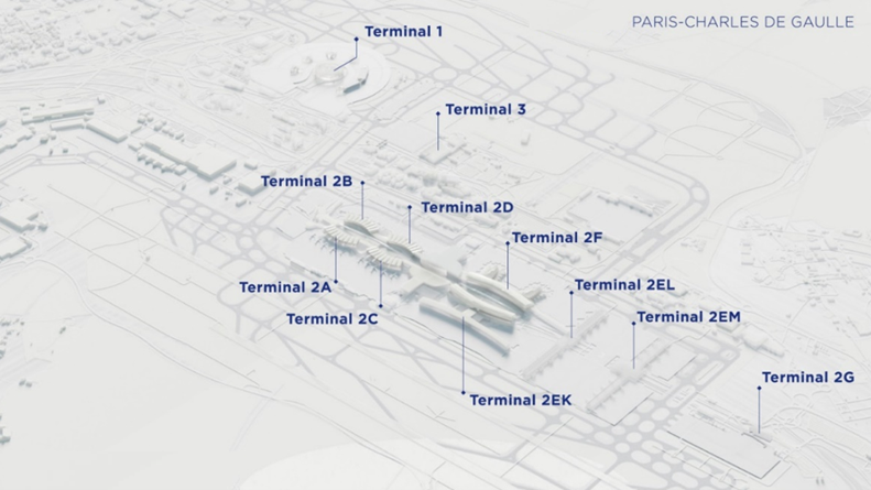 A stylized, monochromatic 3D aerial map of Paris-Charles de Gaulle Airport (CDG) against a light grey background. The map features various terminal buildings labeled with blue text and leader lines, including Terminal 1, Terminal 3, and the extensive Terminal 2 complex (subdivided into 2A, 2B, 2C, 2D, 2F, 2G, and the 2E gates: EK, EL, and EM). The runways and surrounding infrastructure are rendered in a simplified, architectural wireframe style.